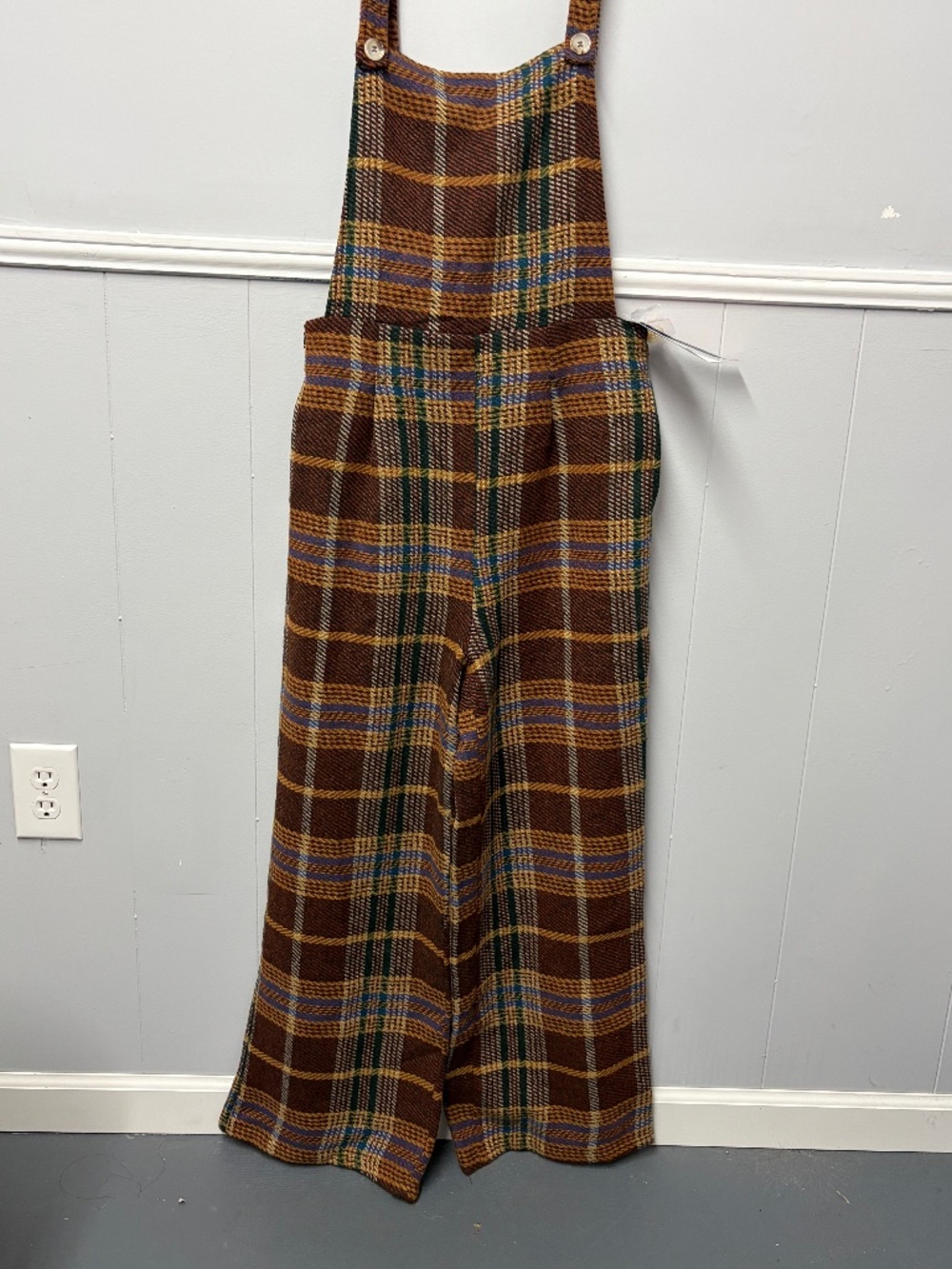 Cider Plaid Wide Leg High Waist Square Neck Women's Overalls Size Medium